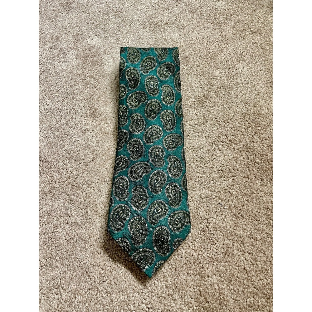 Vtg Ermenegildo Zegna‎ Silk Tie Green Black Gold Paisley 3.5" 56" Retro Preppy